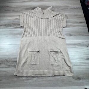 Preppy Alfani Cable Knit Turtleneck Sleeveless Sweater  Beige Size L Pocket